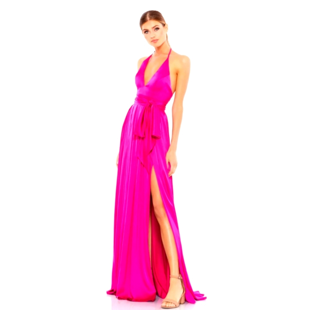 NWT Mac duggal CHARMEUSE HALTER STRAP SOFT TIE WAIST GOWN  Size 6